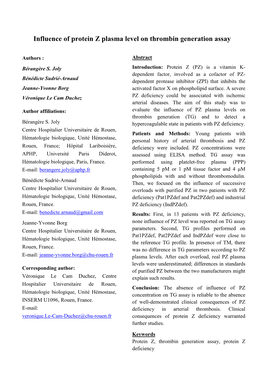 Influence of Protein Z Plasma Level on Thrombin Generation Assay