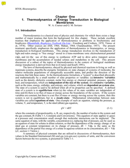 Chapter One 1. Thermodynamics of Energy Transduction in Biological Membranes W