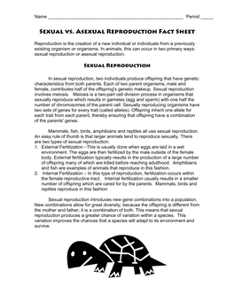 Sexual Vs. Asexual Reproduction Fact Sheet