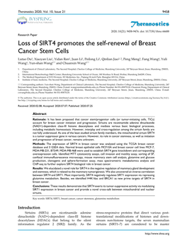 Loss of SIRT4 Promotes the Self-Renewal of Breast Cancer Stem Cells