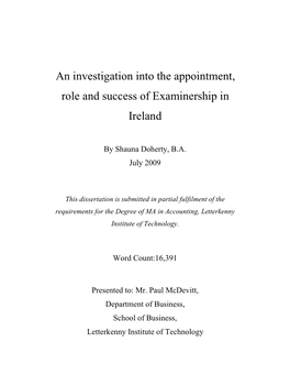 An Investigation Into the Appointment, Role and Success of Examinership in Ireland