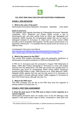 CSL Pest Risk Analysis for Neotoxoptera Formosana Copyright CSL, 2007