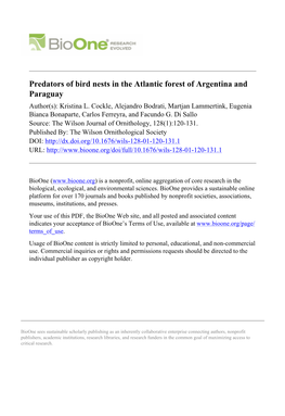 Predators of Bird Nests in the Atlantic Forest of Argentina and Paraguay Author(S): Kristina L