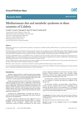 Mediterranean Diet and Metabolic Syndrome in Three Countries Of