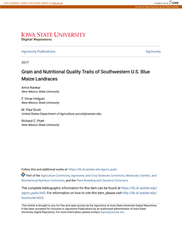 Grain and Nutritional Quality Traits of Southwestern U.S. Blue Maize Landraces