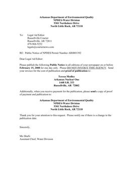 Arkansas Department of Environmental Quality NPDES-Water Division 5301 Northshore Drive North Little Rock, AR 72118