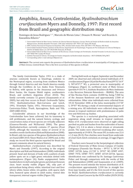 Amphibia, Anura, Centrolenidae, Hyalinobatrachium Crurifasciatum Myers and Donnelly, 1997: First Record Istributio