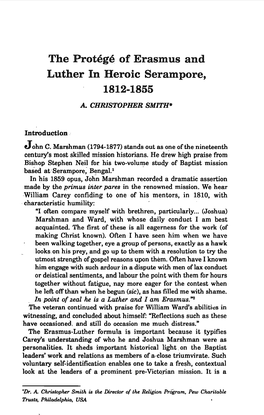 A. Christopher Smith, "The Protégé of Erasmus and Luther in Heroic Serampore, 1812-1855," Indian Journal of Theology