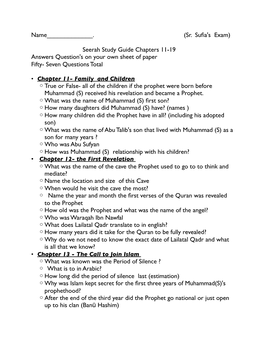 Name___. (Sr. Sufia's Exam) Seerah Study Guide