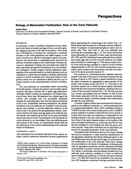 Biology of Mammalian Fertilization: Role of the Zona Pellucida