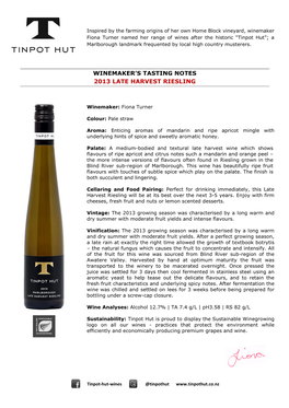 Winemaker's Tasting Notes 2013 Late Harvest Riesling