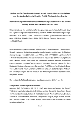 Planfeststellungsbeschluss Des Ministeriums Für Energiewende