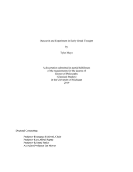 Research and Experiment in Early Greek Thought by Tyler Mayo A