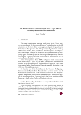 Self-Determination and Territorial Integrity in the Chagos Advisory Proceedings: Potential Broader Ramifications