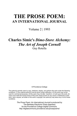 Charles Simic's Dime-Store Alchemy: the Art of Joseph Cornell Guy Rotella