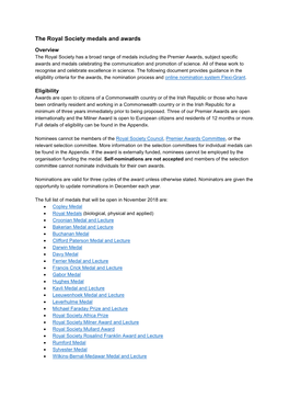 The Royal Society Medals and Awards