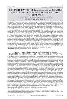 CHARACTERIZATION of Fusarium Oxysporum ISOLATES and RESISTANCE of PASSION FRUIT GENOTYPES to FUSARIOSIS1