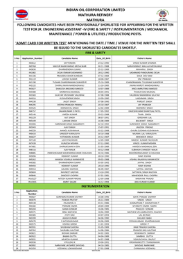 Indian Oil Corporation Limited Mathura Refinery Mathura Following Candidates Have Been Provisionally Shorlisted for Appearing for the Written Test for Jr