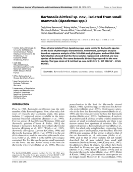 Bartonella Birtlesii Sp. Nov., Isolated from Small Mammals (Apodemus Spp.)