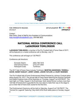 NATIONAL MEDIA CONFERENCE CALL Ladainian TOMLINSON