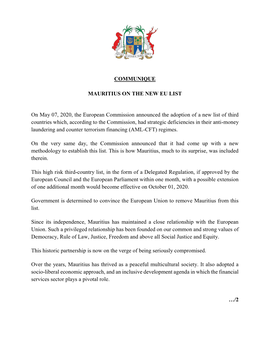 COMMUNIQUE MAURITIUS on the NEW EU LIST on May 07, 2020, The