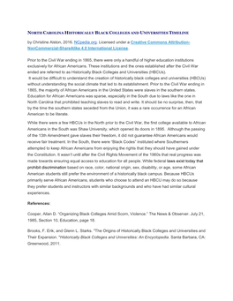 NORTH CAROLINA HISTORICALLY BLACK COLLEGES and UNIVERSITIES TIMELINE by Christine Alston, 2016