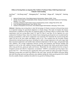 Effects of Sowing Dates on Japonica Rice Yields in Northeast China: Field Experiment and Climatic Understanding