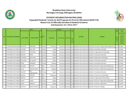 Expanded Students' Grants-In-Aid Program for Poverty Alleviation (ESGP-PA) Master List of Officially Enrolled of Student-Grantees 2Nd Semester A.Y