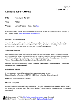Agenda Document for Licensing Sub-Committee, 27/05/2021 19:00