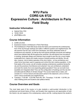 NYU Paris CORE-UA 9722 Expressive Culture : Architecture in Paris Field Study