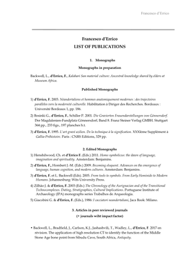 Francesco D'errico LIST of PUBLICATIONS