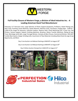 Full Facility Closure of Western Forge, a Division of Ideal Industries Inc