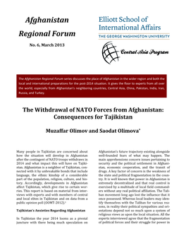 The Withdrawal of NATO Forces from Afghanistan: Consequences for Tajikistan