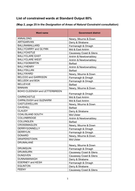 List of Wards Constrained Within Map 2 Annex a of Consultation Document