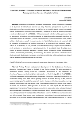 TERRITORIO, TURISMO Y DESARROLLO SUSTENTABLE EN LA QUEBRADA DE HUMAHUACA Paisaje Y Naturaleza Al Servicio De La Práctica Turística