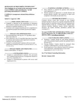 Campral (Acamprosate Calcium) - Draft-Labeling-Text-Tracked Page 1 of 10