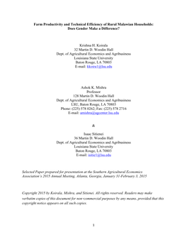 Farm Productivity and Technical Efficiency of Rural Malawian Households: Does Gender Make a Difference?