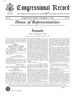 Congressional Record United States Th of America PROCEEDINGS and DEBATES of the 110 CONGRESS, SECOND SESSION