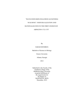 Such Confusion Followed As Nothing Was Done”: Indiviidualization and Rationalization in the First Church of Abington 1712-1757