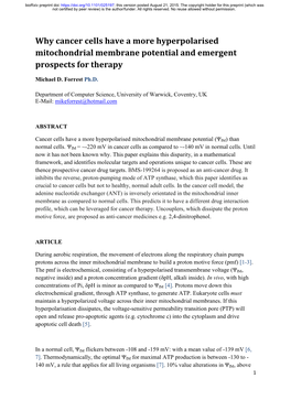 Why Cancer Cells Have a More Hyperpolarised Mitochondrial Membrane Potential and Emergent Prospects for Therapy