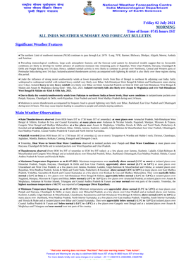 Friday 02 July 2021 MORNING Time of Issue: 0745 Hours IST ALL INDIA WEATHER SUMMARY and FORECAST BULLETIN