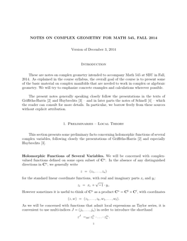 Notes on Complex Geometry for Math 545, Fall 2014