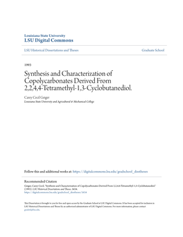 Synthesis and Characterization of Copolycarbonates Derived from 2,2,4,4-Tetramethyl-1,3-Cyclobutanediol