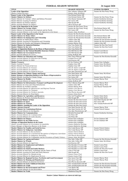 FEDERAL SHADOW MINISTRY 24 August 2020