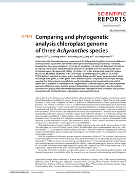 Comparing and Phylogenetic Analysis Chloroplast Genome of Three Achyranthes Species Jingya Xu1,2,3,4, Xiaofeng Shen3,4, Baosheng Liao3, Jiang Xu3* & Dianyun Hou1,2*