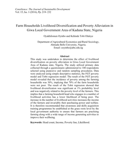 Farm Households Livelihood Diversification and Poverty Alleviation in Giwa Local Government Area of Kaduna State, Nigeria