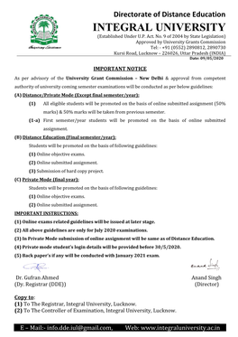 Directorate of Distance Education INTEGRAL UNIVERSITY (Established Under U.P