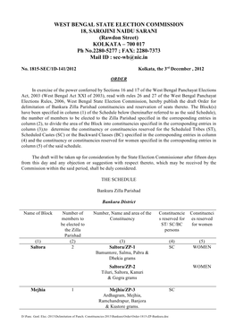 WEST BENGAL STATE ELECTION COMMISSION 18, SAROJINI NAIDU SARANI (Rawdon Street) – KOLKATA 700 017 Ph No.2280-5277 ; FAX: 2280-7373 Mail ID : Sec-Wb@Nic.In