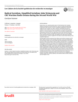 Radical Socialism, Simplified Serialism: John Weinzweig and CBC Wartime Radio Drama During the Second World War Carolyne Sumner