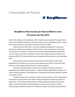 Borgwarner Reconocida Por General Motors Como Proveedor Del Año 2019